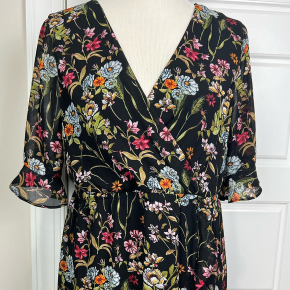 Jonathan Martin Black Floral V Neck Ruffle High/Low Maxi Dress Whimsy Fairy L - Picture 4 of 10